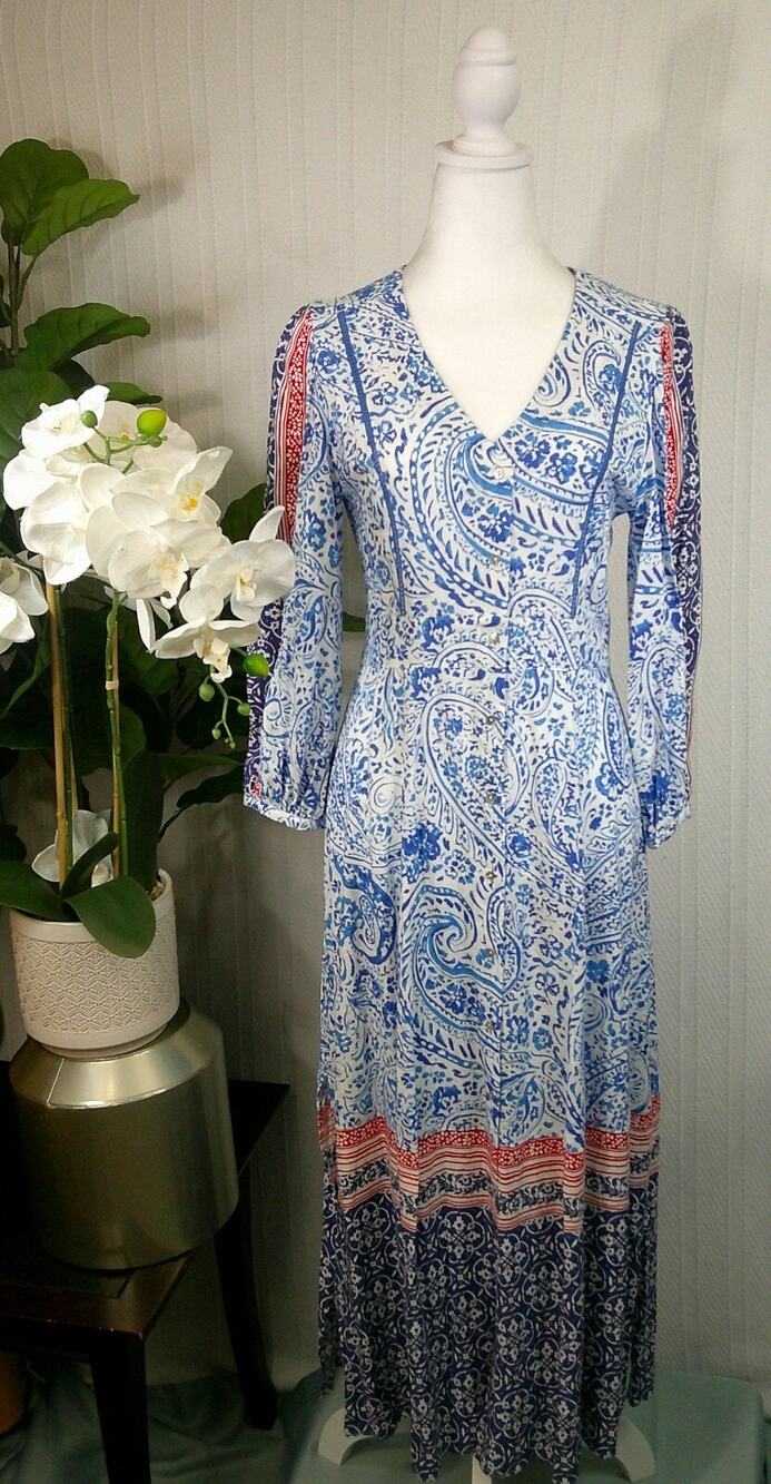 NWT Zara Midi Shirt Dress Blue Paisley Button Front Dress-Women's XS